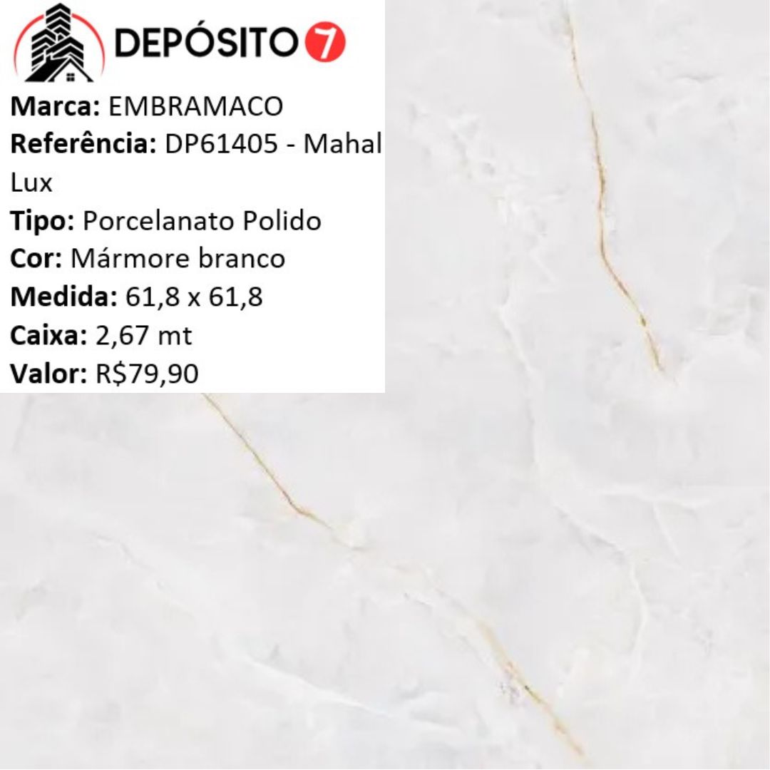 EMBRAMACO PORCELANATO POLIDO 61,80X61,80 DP61405 MAHAL LUX (CAIXA COM 2,67MT)